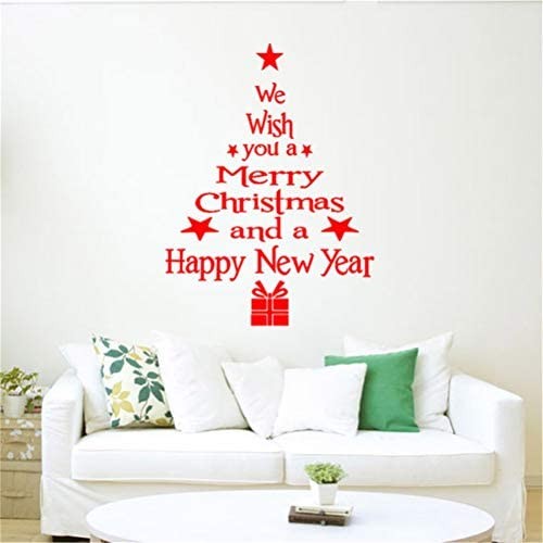 Merry Christmas Tree Wall Decal Happy New Year Window Sticker Art Vinyl Decor Removable PVC Decoration for Home Store Party (Red)