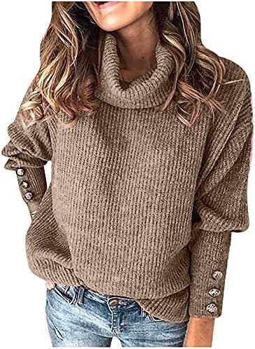 Fall Sweaters for Women 2022 Turtleneck Knit Chunky Sweater Button Long Sleeve Pullover Solid Warm Jumper