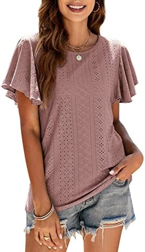 Women's Summer Ruffle Short Sleeve Hollow Out Tops Casual Crew Neck Loose Tshirts