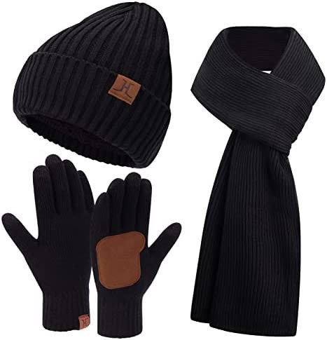 Men & Women Winter Knit Hat Beanie Long Scarf Touchscreen Gloves Set Skull Cap Neck Warmer Gloves Set with Fleece Lined