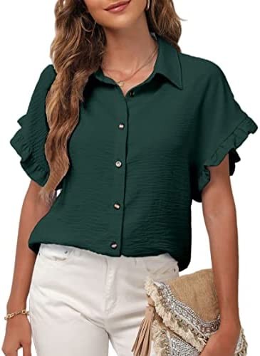 Women's Button Down Ruffle Short Sleeve V Neck Shirts Casual Loose Chiffon Blouses Tops