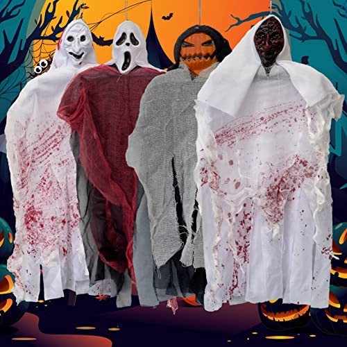 4 Pcs Halloween Decorations Hanging Skeleton Grim Reapers, Haunted House Props Skull Ghost with Bendable Arms for Party Supplies, Outdoor and Indoor, Lawn Yard, Patio Tree