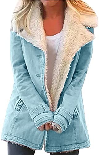 Cbcbtwo Women Plus Size Winter Warm Coats Sherpa Lined Denim Jacket Fuzzy Fleece Thick Outerwear Zip/Button Hooded Overcoats