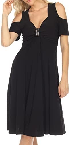 Sassy Glamor Cold Shoulder Slimming Missy Plus Size Midi A-Line Cocktail Dress with Rhinestones | Empire Waist Evening Party