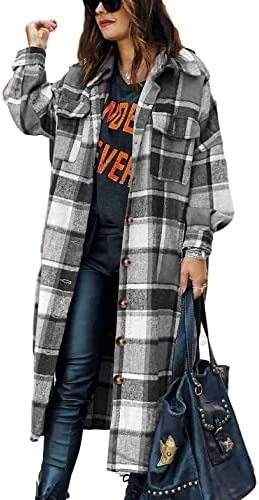 Beaully Women's Long Flannel Plaid Shacket with Side Pocket Lapel Long Sleeve Button Down Shirt Jacket Coat