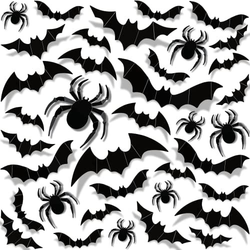 120Pcs Halloween Bats Wall Decor Halloween Bats Spider Stickers Wall Decals Realistic 7 Size & 4 Design 3D Scary Bats Decoration for Indoor Home Wall Bathroom Halloween Party Supplies