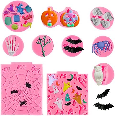 Zainpe 10Pcs Halloween Silicone Fondant Molds Skull Pumpkin Bat Chocolate Mold Set Witch Ghost Cupcake Topper Candy Cookies Kitchen DIY Baking Tool Supplies Cake Decor for Halloween Theme Party