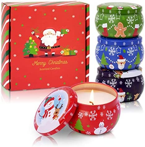 4 PCS Xmas Scented Travel Tin Candle Gift Packing - Natural Soy Wax, for Stress Relief Relaxation, Smokeless, Strong Fragrance, Long Lasting, for Christmas Eve Home Decor