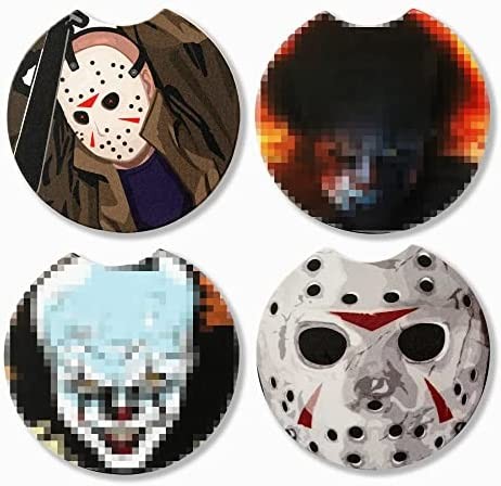 Kirako Horror Classic Movie Characters Car Coasters for Cup Holders, 4 Packs Absorbent Anti Slip Cork Base Drinks Coasters with Fingertip Grip Automotive Interior Accessories Decor for Men Women