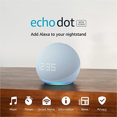 Echo Dot (Latest generation) with clock | Helpful Alexa assistant with vibrant sound and LED display for timers, clock, weather, and more | Cloud Blue