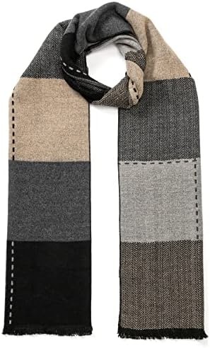 Tonten Men's Winter Classic Australian Wool Scarf Warm Checked Lightweight Knitted Striped Scarves with Gift Box