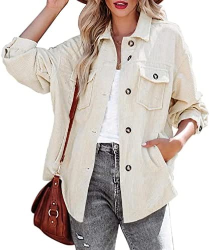 Beaully Women's Corduroy Button Down Shirts Casual Long Sleeve Oversized Jacket Shacket Coat with Pockets