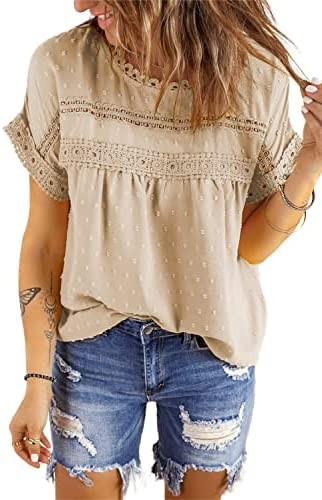 Womens Summer Boho Tops Casual Short Sleeve Shirt Crewneck Lace Crochet Chiffon Blouses