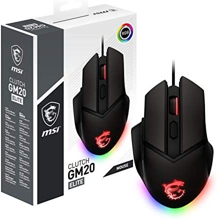 MSI Clutch GM20 Elite Gaming Mouse, 6400 DPI, 20M+ Clicks OMRON Switch, Optical Sensor, Adjustable Weights, Ergonomic Right Hand Design, RGB Mystic Light
