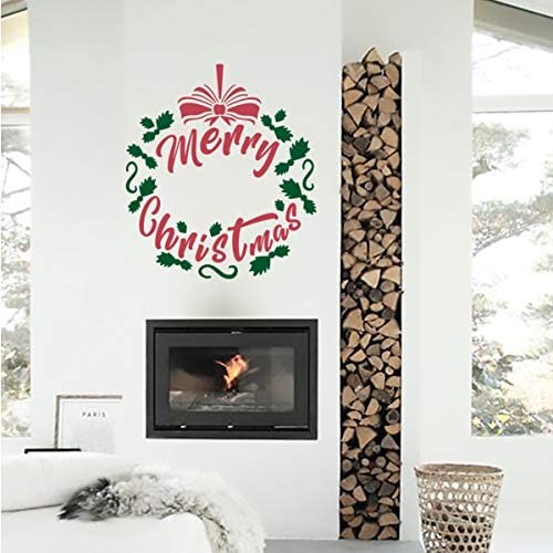 Merry Christmas Seasonal Holiday Wreath Vinyl Wall Sticker Decal (Dahlia Red, 14 X 15 in)