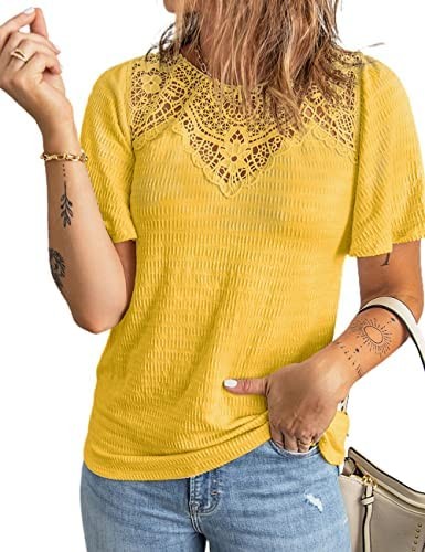 Women's Summer Casual Boho T-Shirts Loose Short Sleeve Crochet Hollow Panel Tops Tunic Shirt