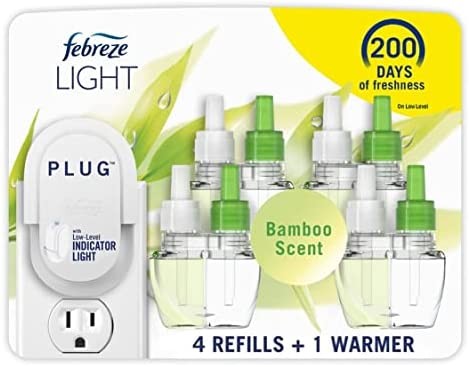 Febreze LIGHT Fade Defy PLUG Air Freshener, Bamboo, Starter Kit & (4) .87 fl. oz. Oil Refills (Packaging may vary)
