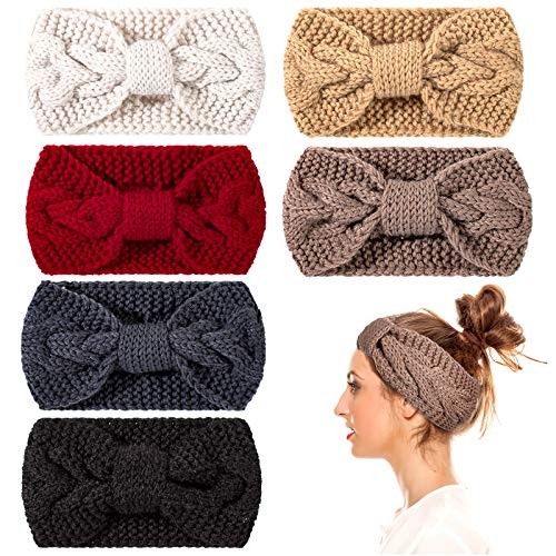 Whaline 6 Pieces Knit Headbands Winter Ear Warmers, Twisted Elastic Turban Head Wraps with Bow Knot, Hair Band Accessories, Hair Scrunchies Scarves for Women Girls (Yellow Grey Colors)