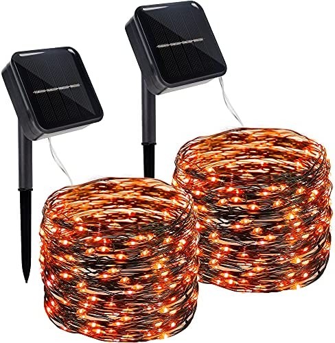 Twinkle Star 2 Pack Outdoor Solar String Lights, 33 FT 100 LED Solar Powered Halloween Decorative Fairy Lights with 8 Modes, Waterproof Black Wire Light for Thanksgiving Patio Yard Trees Party, Orange