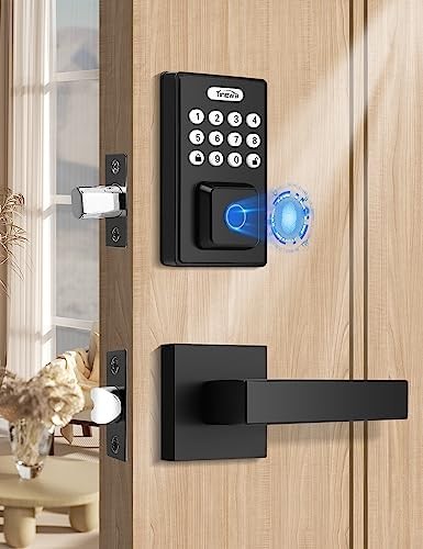 Tinewa Keyless Entry Door Lock with 2 Lever Handles, Fingerprint Entry Door Handleset, Electronic Digital Keypad Deadbolt with App, Auto Lock & One Touch Locking, Front Smart Door Handle Sets, Black
