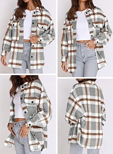 Beaully Women's Flannel Plaid Jacket Long Sleeve Button Down Chest Pocketed Shirts Coats Shacket