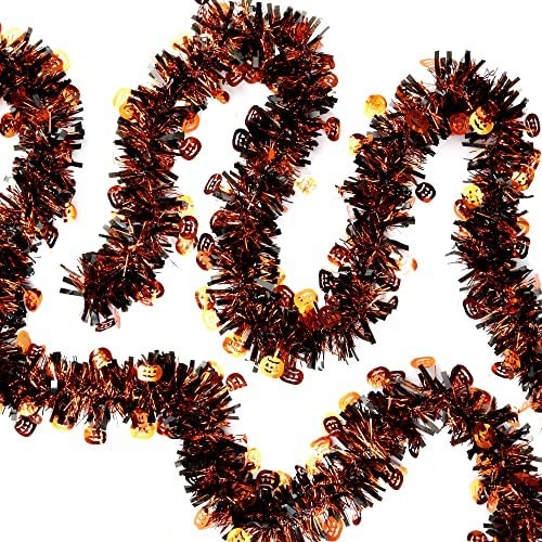 Sggvecsy 6 Pcs 39.3Ft Halloween Tinsel Garland Metallic Tinsel Twist Black and Orange Pumpkin Glittery Holiday Hanging Tinsel Decorations for Halloween Party Home Indoor Outdoor Ornaments