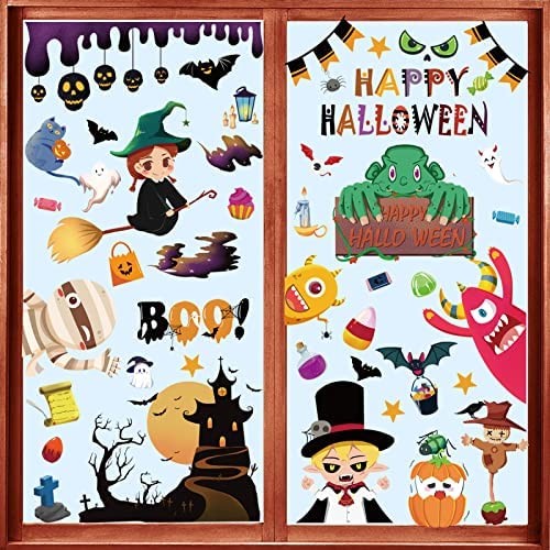 Menoeceus 9 Sheets 170 PCS Halloween Window Clings, Removable Halloween Window Stickers Glass Decals, Pumpkin Spider Bat Ghost Witch Window Décor, for Halloween Party Window Decorations