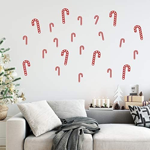 Set Of 22 Vinyl Wall Art Decal - Candy Cane Pattern - From 6" x 2.5" Each - Holiday Season Trendy Christmas Seasonal Stickers For Home School Classroom Door Living Room Work Office Store Window Decor