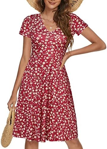 FENSACE Womens V Neck Short Sleeve Casual Flare Knee Length Empire Waist Skater Dress