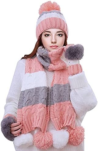 Women Girls Knit Beanie Hat Scarf and Gloves Set,Winter Fleece Lined Beanie Knit Hat with Pompom,Half Gloves and Long Scarf