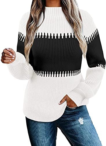 Imysty Womens Turtleneck Sweaters Fall Long Sleeve Color Block Striped Pullover Sweater Chunky Knit Jumper