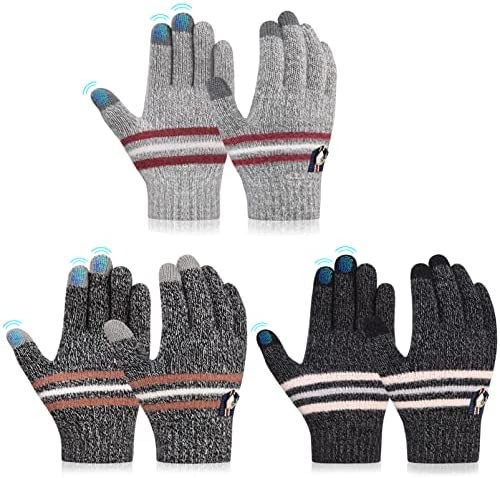 Kids Winter Warm Knit Gloves - 3 Pairs TouchScreen Cotton Glove Kids Gloves Running Sport Cold Weather Gloves Thermal Gloves