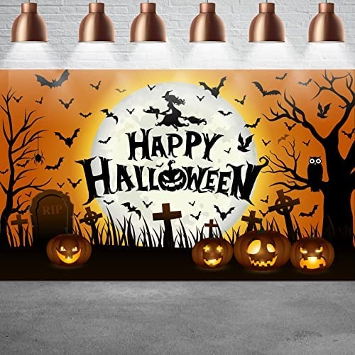Rainmae Large Halloween Backdrop Decoration, Halloween Birthday Party Background Pumpkin Ghost Spooky Castle Background, Children Baby Shower Boy Girl Photo Banner Backdrops Decor(70.8 x 43.3 inch)