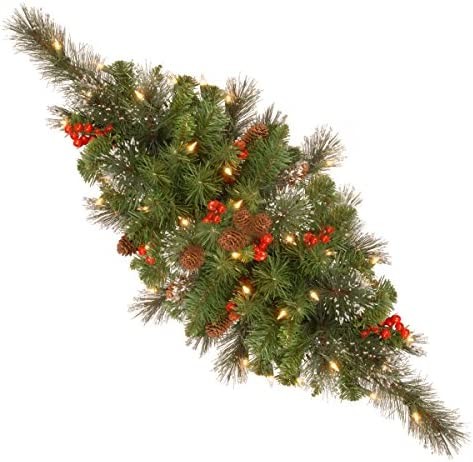 National Tree Company Artificial Christmas Centerpiece | Flocked with Mixed Decorations and LED Lights | Crestwood Spruce - 30 Inch