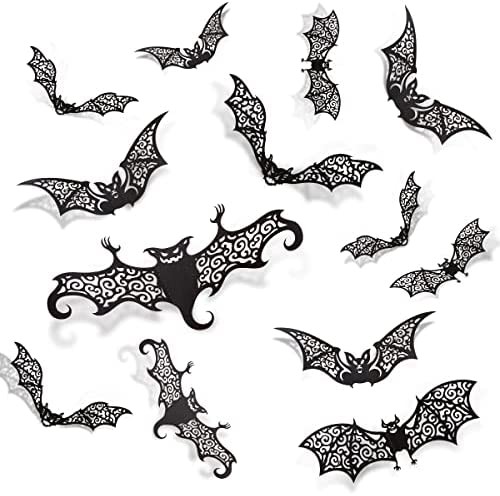 72pcs DIY Halloween Wall Decor 2022 Upgraded PVC 3D Decorative Scary Bats Wall Decal Wall Sticker, Halloween Eve Decor Home Window Decoration Set, Black