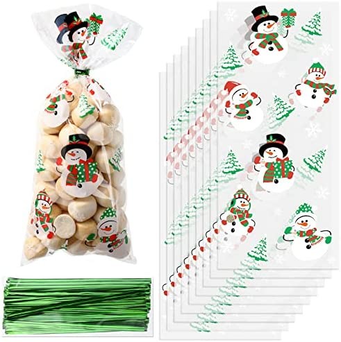 100 Pcs Christmas Cellophane Bags Snowman Treat Bags Transparent Christmas Goody Bags Xmas Cello Bags Christmas Cookie Bags with Ties Xmas Plastic Candy Bags for Winter Holiday Christmas Party Supply