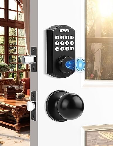 Tinewa Fingerprint Door Lock with 2 Door Knobs - Keyless Entry Door Lock with Handle, Electronic Keypad Deadbolt Smart Front Door Lock Set, Front Door Handleset for Homes, Apartments, Easy to Install