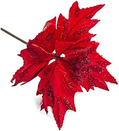 Nuxn 6pcs Silk Poinsettias Artificial Christmas Flowers Glitter Poinsettia Christmas Tree Ornaments Artificial Wedding Christmas Tree Flower Wreath Decorations Picks Red