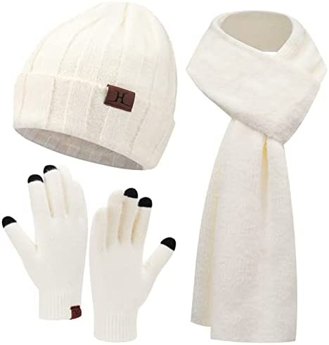 Womens Winter Warm Knit Beanie Hat Touchscreen Gloves Long Scarf Set with Fleece Lined Skull Caps Neck Scarves for Women Men