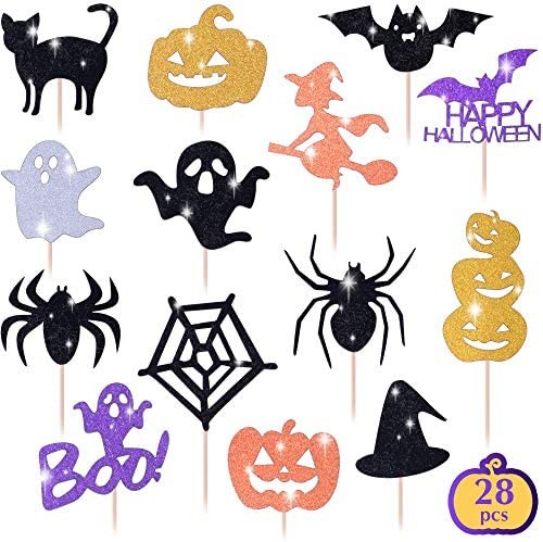 Halloween Cupcake Toppers Set, 28pcs sparkly set, Bat Witch Ghost Star, Baby Shower Food Picks Decor, Cupcake Halloween Party Picks, Halloween Cupcake Decorations