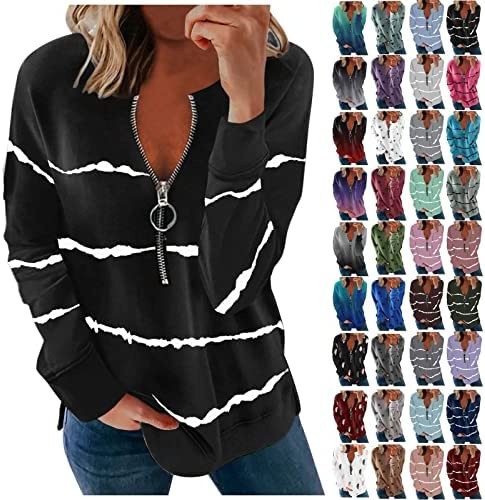 Womens Fall Fashion 2022 Quarter Zip Pullover Sweatshirt Athletic Stripe Print Shirts Casual Long Sleeve Pullover Comfy Tops