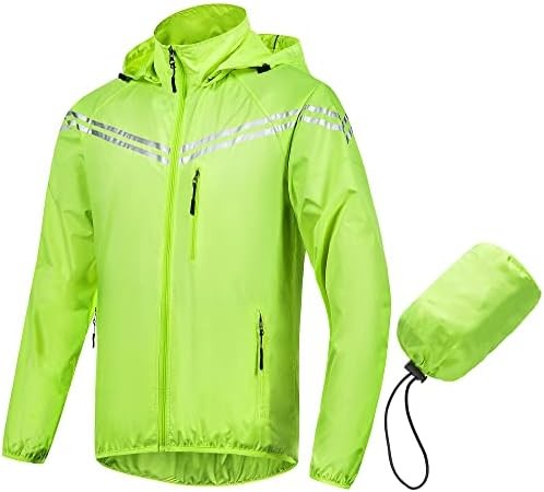 CREATMO US Men's Packable Waterproof Running Rain Coats Reflective Cycling Jacket Windbreaker With Removable Hood