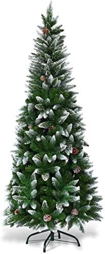 Generic CHEFJOY Snow Flocked Pencil Christmas Tree, Snow Slim Christmas Tree with Pine Cones, Hinged Xmas Tree with Metal Stand Easy to Assemble for Home, Office, Shops, Hotels, Green+White