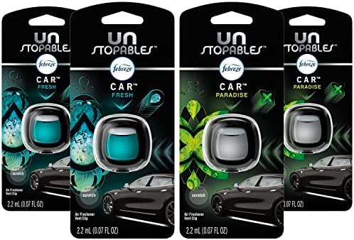 Febreze Unstopables Car Odor-Fighting Car Freshener Vent Clip, Fresh & Paradise Scent, .07 oz. Car Vent Clip, 4 Count