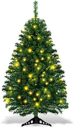 Goplus 4英尺人造聖誕樹案頭PVC綠樹，帶100個暖白色LED燈穩定三角形支架