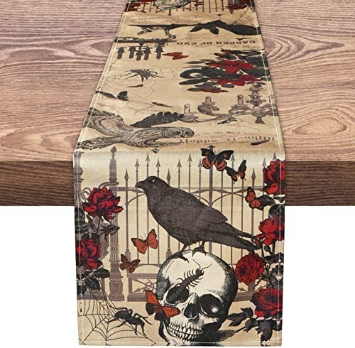 Halloween Table Runner 13 x 72 Inch Halloween Table Decor Gothic Vintage Halloween Decorations Bat Skull Owl Spider Web Pumpkin Crow Halloween Decor Haunted Fall Holiday Decor for House Kitchen Party