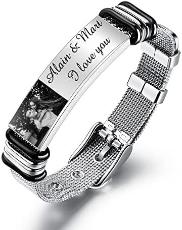 Custom Photo Bracelet for Men Women Personalized Names Stainless Steel Bracelet for Couple Customized Picture Jewelry Gifts for Boyfriend Girlfriend