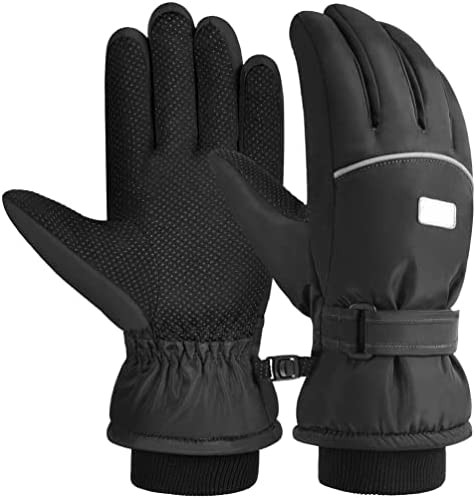 Kids Winter Gloves Snow Ski - Boys Girls Warm Waterproof Windproof Cold Weather Thermal Fleece Anti Slip Mittens with Grip for Skiing Snowboard Outdoor Sport Black Aged 6 - 12 Years