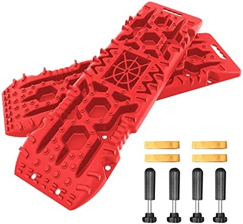 ORCISH New Recovery Traction Boards with Jack Lift Base- 2 Pcs Traction Mat for Sand Mud Snow Track Tire Ladder 4X4 - Recovery Traction Tracks. (4Gen +Mounting Pins, red)