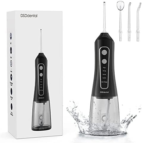 DSDdental Water Flosser Portable Dental Oral Irrigator with 5 Modes, 4 Jet Tips, Rechargeable IPX7 Waterproof Teeth Cleaner for Home and Travel -300ml Water Tank（Black）